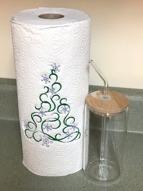 Embroidered Paper Towel | Swirly Christmas Tree with Snowflakes